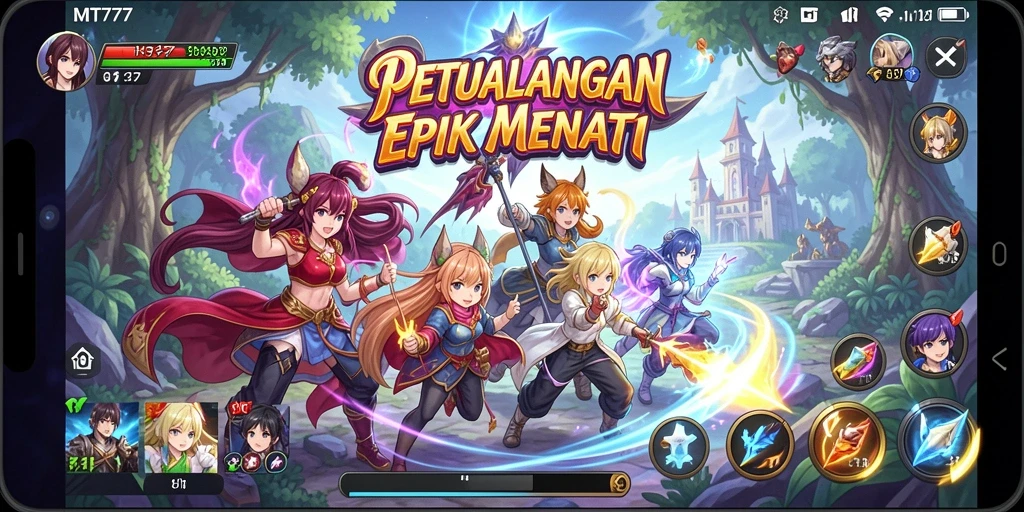 Tangkapan layar gameplay MT777 menampilkan aksi seru dengan karakter anime.
